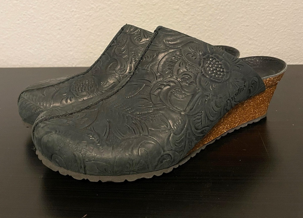 Papillio Womens Clog Shoes Size 8 EU 39 Black Embossed Floral Leather Wedge Heel